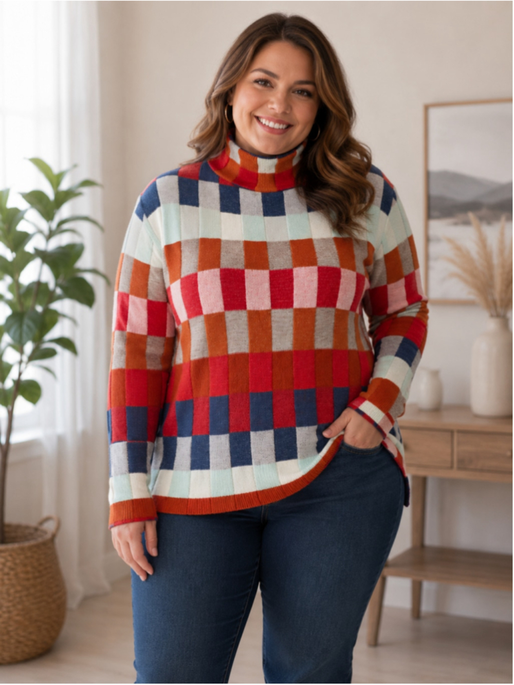 Women's Unbranded Multi-color Plaid Turtleneck Sweater